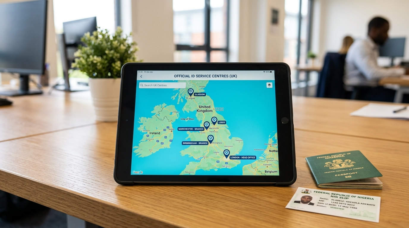 Tablet screen displaying a map of official ID service centres in the UK next to a green Nigerian passport and a NIN slip on a wooden desk.