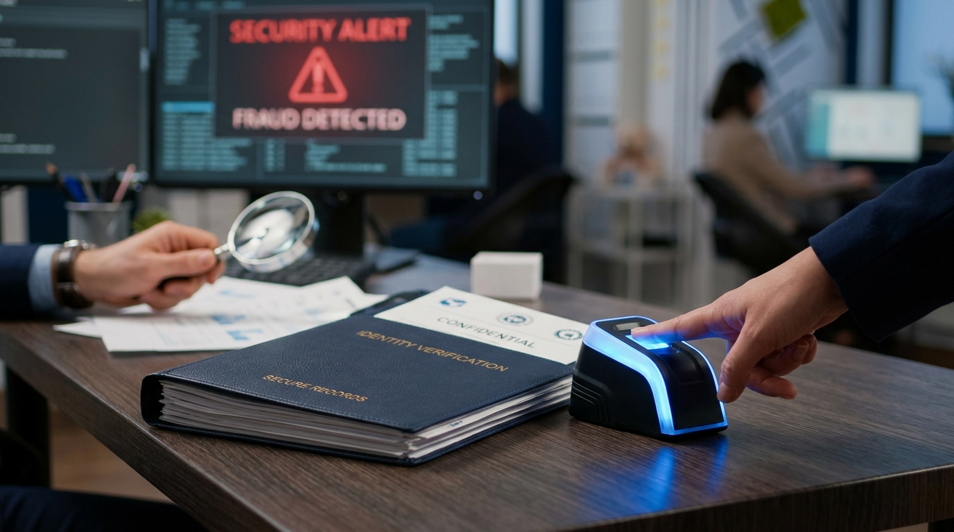 Fingerprint scanner glowing blue next to an identity verification folder, illustrating secure biometric capture.