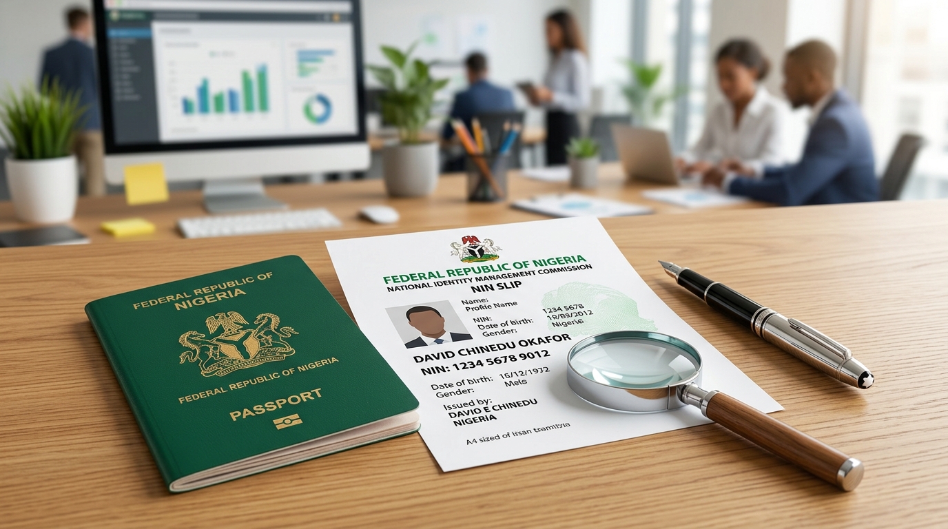 Nigerian passport next to a NIN slip, showing magnifying glass and pen for detail verification.