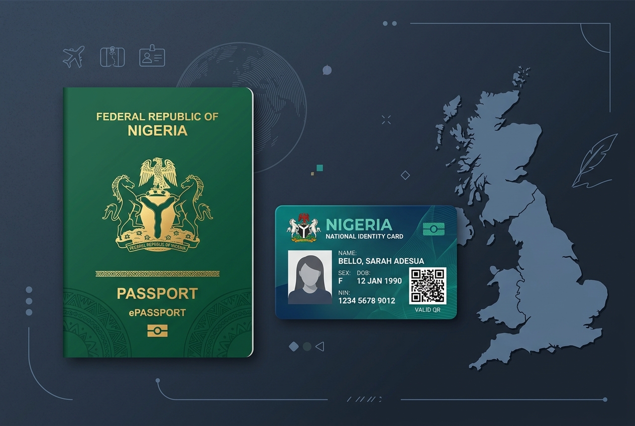 Nigerian Passport and NIN card overlay representing the NIN requirement for passport renewal in the UK.