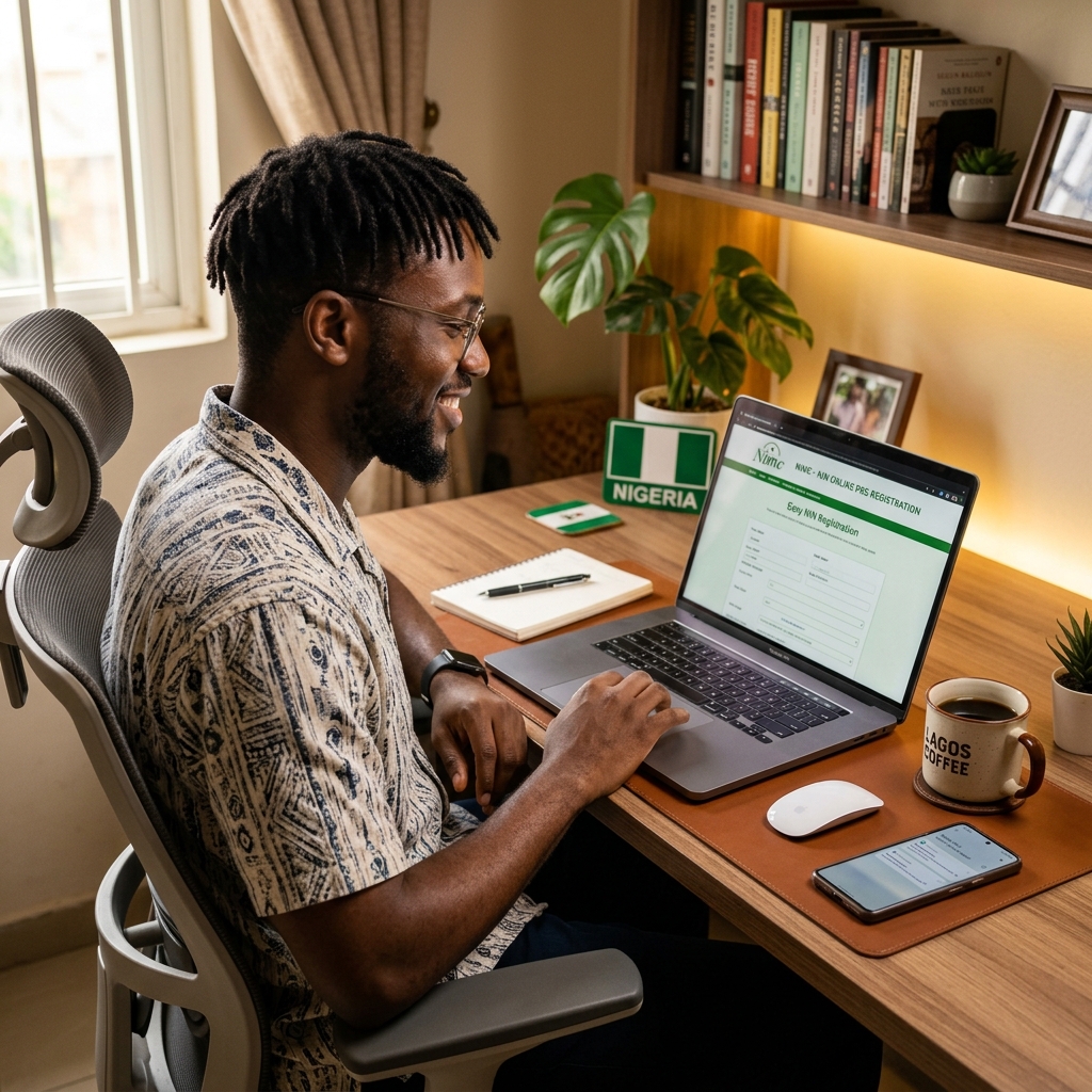 A person using a laptop for online NIN pre-registration.