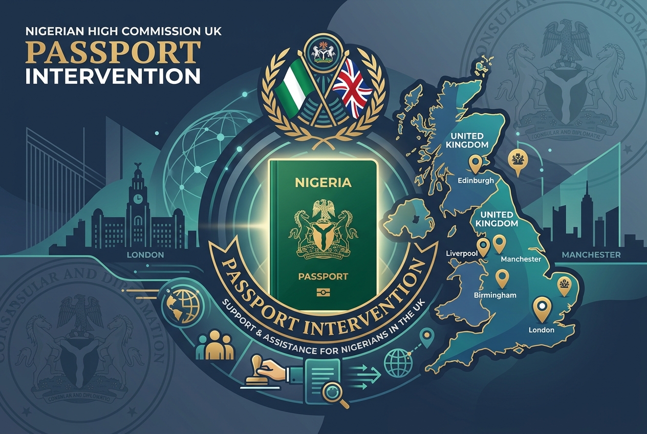 Official flyer style map of UK with pins pointing to London, Liverpool, Manchester, Birmingham, and Edinburgh for the passport intervention.