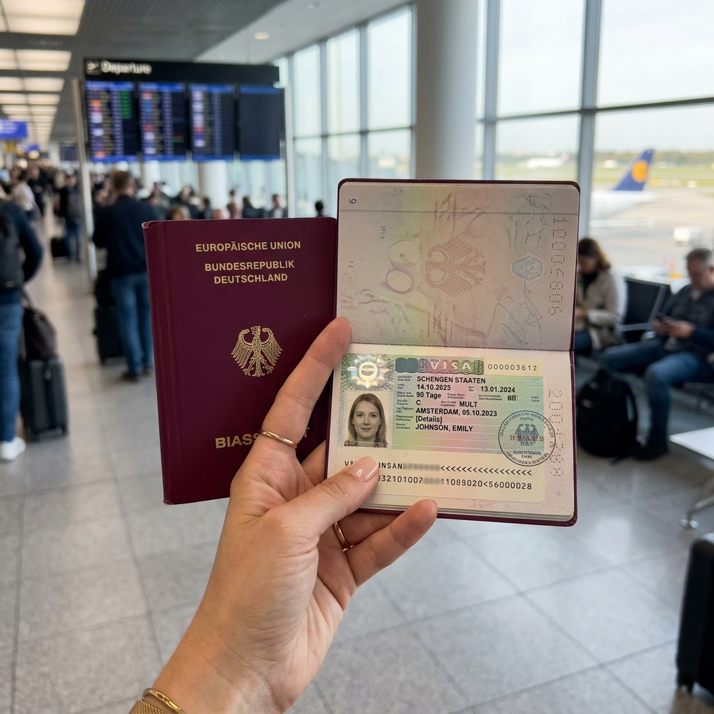 A person holding a passport with a Schengen visa sticker.